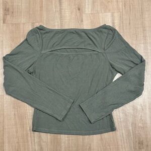 7 For All Mankind Ribbed Long-Sleeve with Front Cutout in Sage Green Boatneck